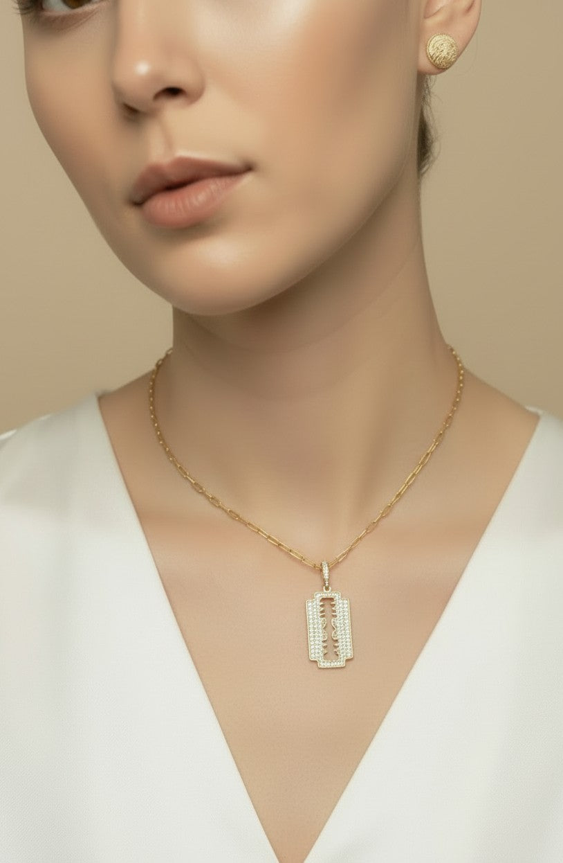 ⚡ 18k Gold Filled Pavé CZ Double Blade Pendant — Two Points. Full Crystal Coverage. The Most Directional Pendant.