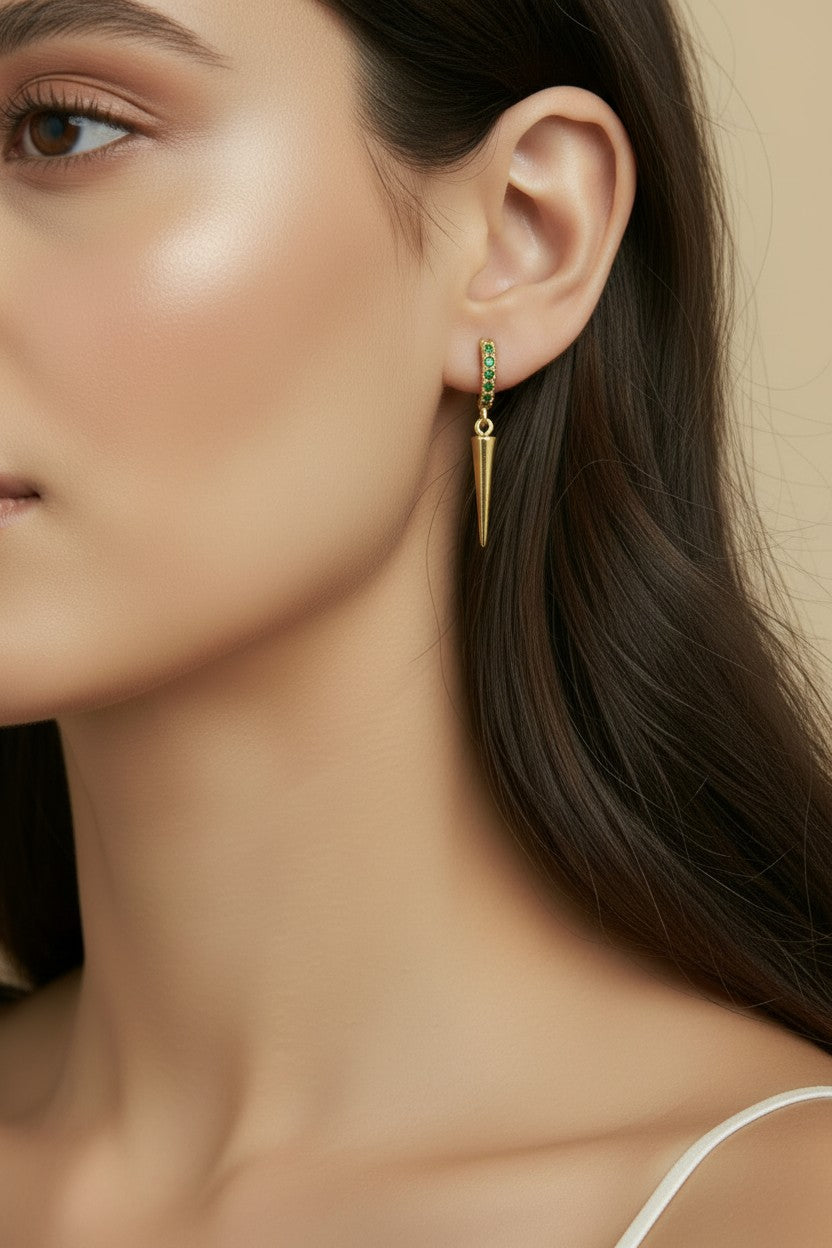 💚 18k Gold Filled Emerald CZ Spike Hoop Earrings — Vivid Green Above. Gold Point Below.