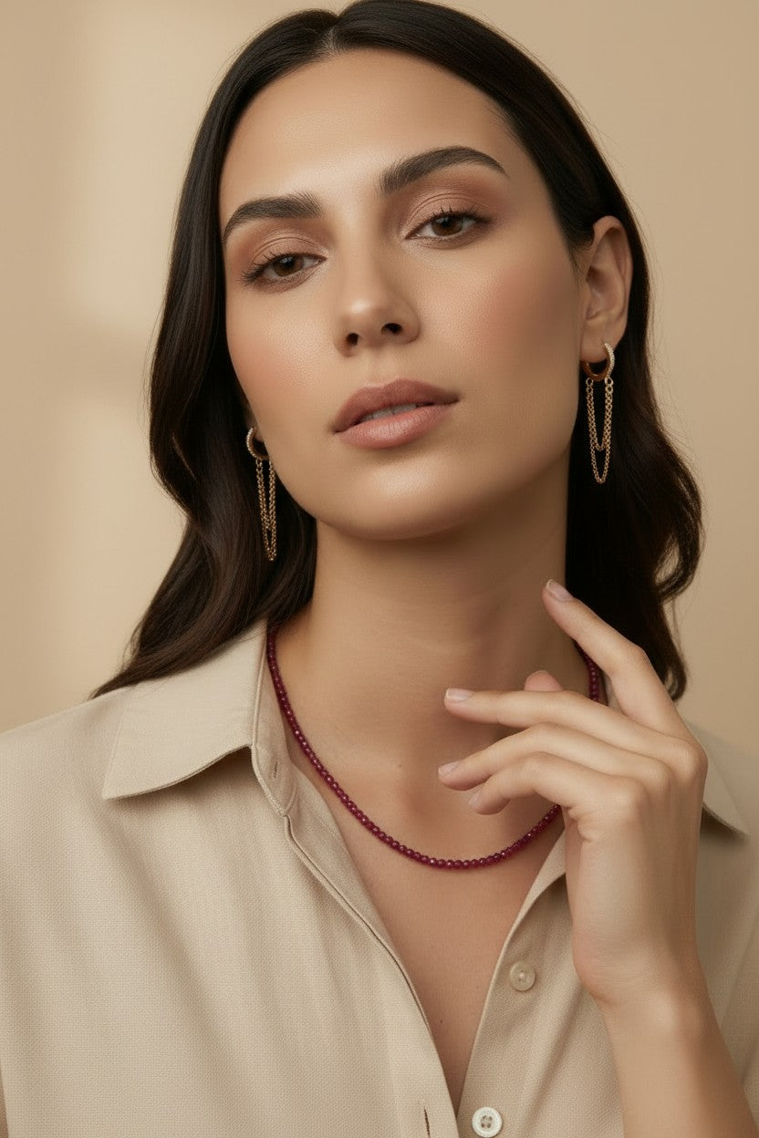 18k Gold Filled Ruby Jade Beaded Necklace | Rich Color, Minimalist Elegance
