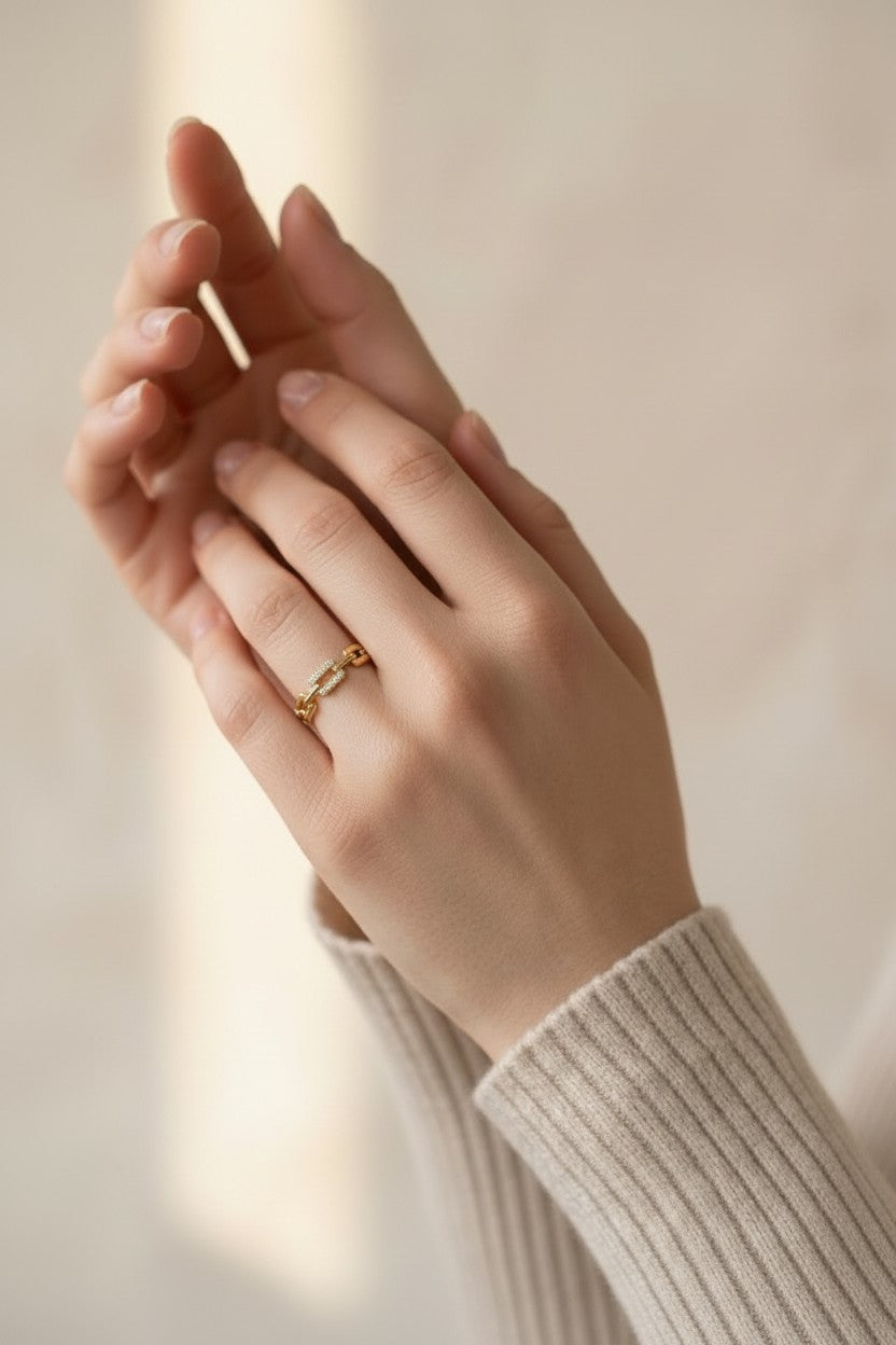 18k Gold Filled Chain Link CZ Ring | Daring Glam Statement