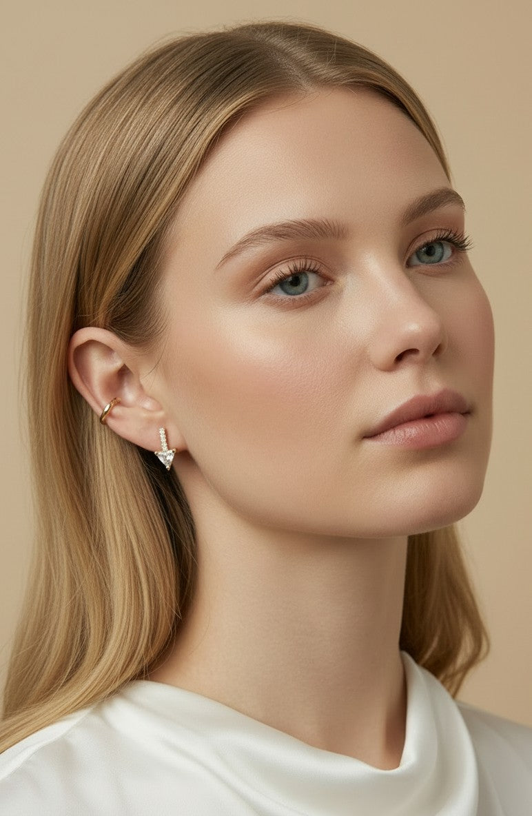 ✨ 18k Gold Filled CZ Bar Triangle Stud Earrings — Three Edges. Three Lines of Sparkle. One Sharp Silhouette.
