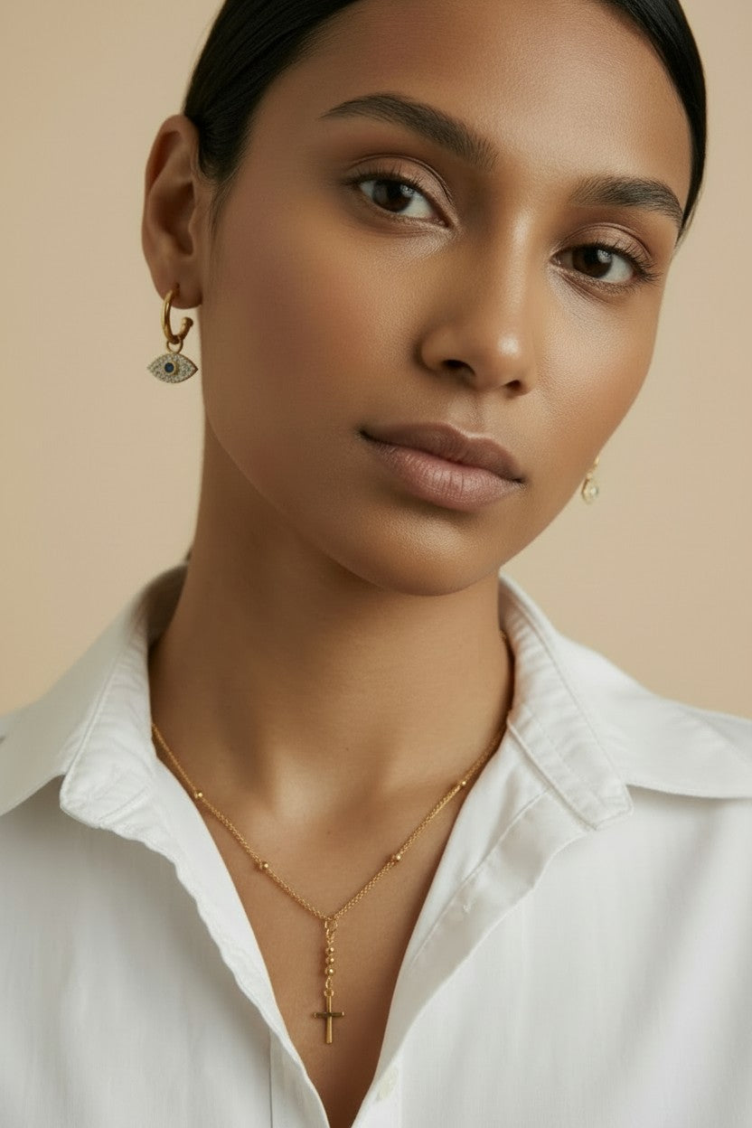18k Gold Filled Simple Cross Necklace | Beaded Chain, Timeless Faith