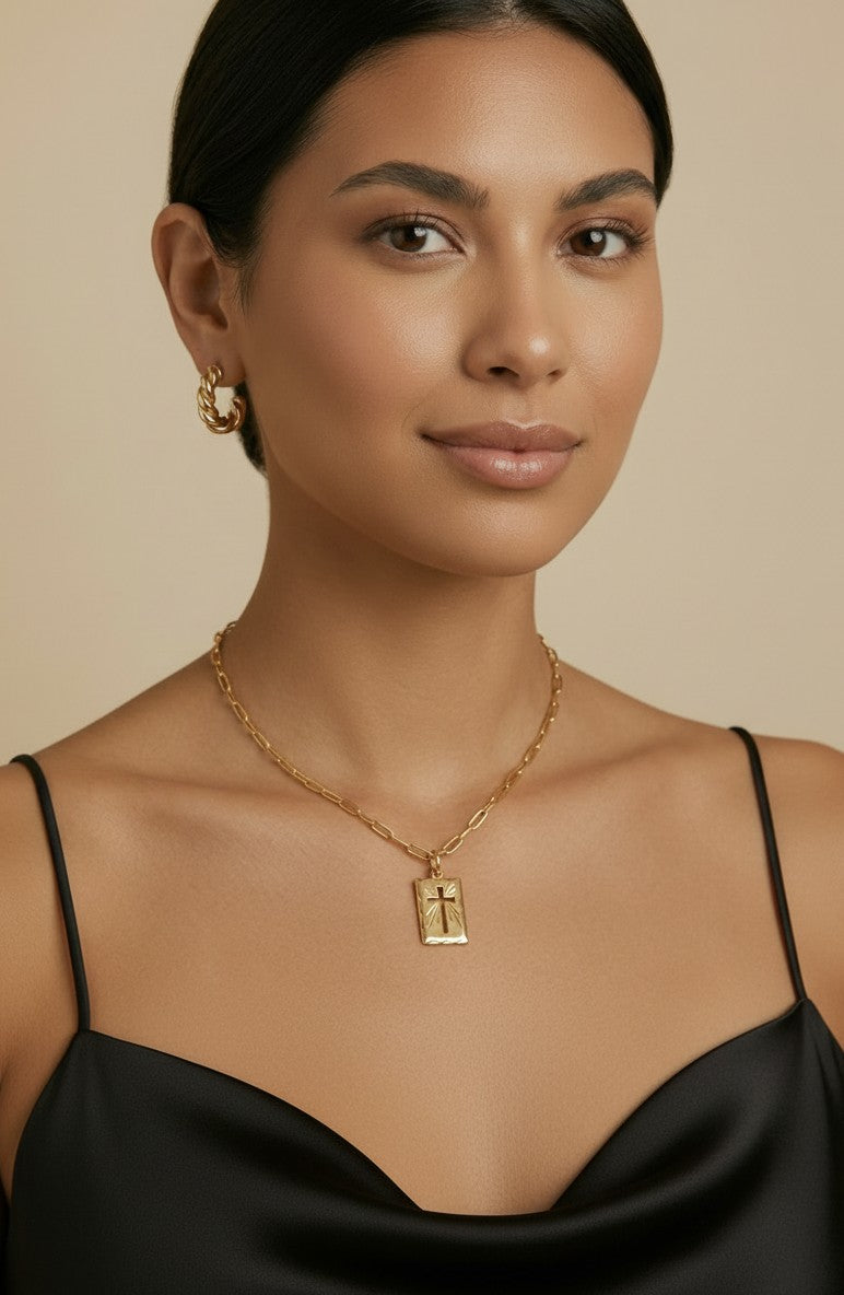 18k Gold Filled Hollow Cross Tag Plate Pendant | Vintage-Style Faith Piece