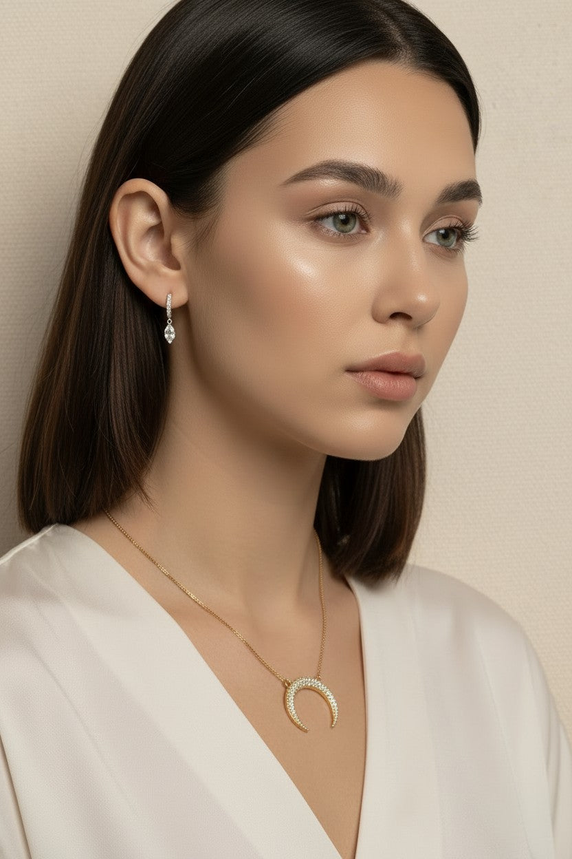 18k Gold Filled Moon CZ Pendant Necklace | Diamond Cut Box Chain