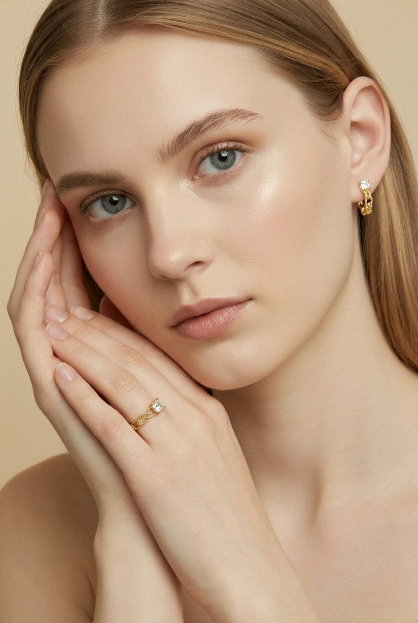 💎 18k Gold Filled Princess Cut CZ Vintage Band Ring — Square Stone. Engraved Band. Old Hollywood at the Finger.