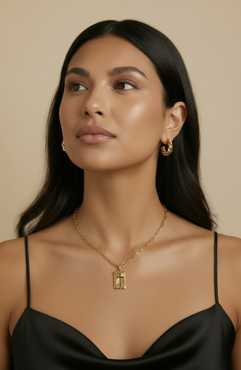 18k Gold Filled Hollow Cross Tag Plate Pendant | Vintage-Style Faith Piece