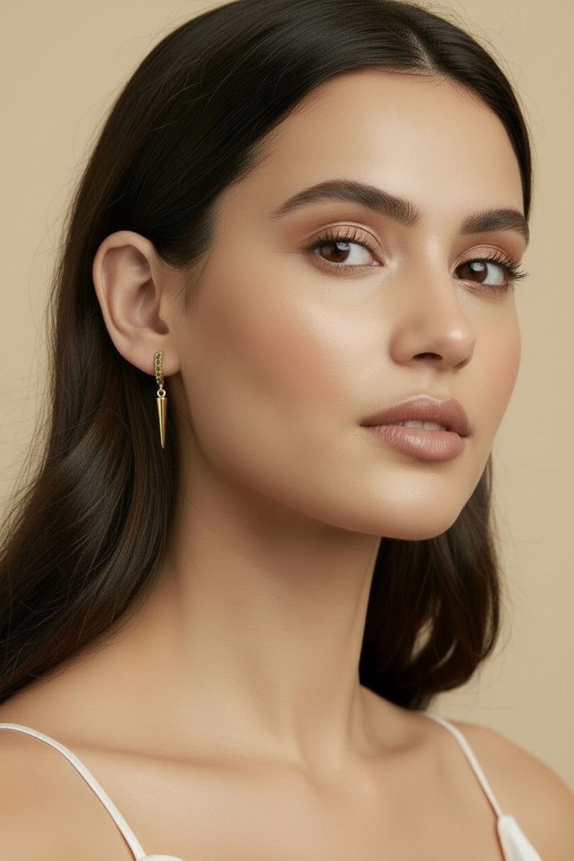 💚 18k Gold Filled Emerald CZ Spike Hoop Earrings — Vivid Green Above. Gold Point Below.