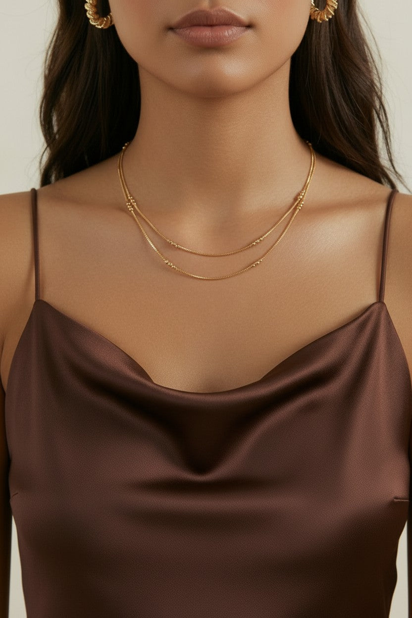 18k Gold Filled Bead Detailed Box Chain Necklace | Delicate Elegance
