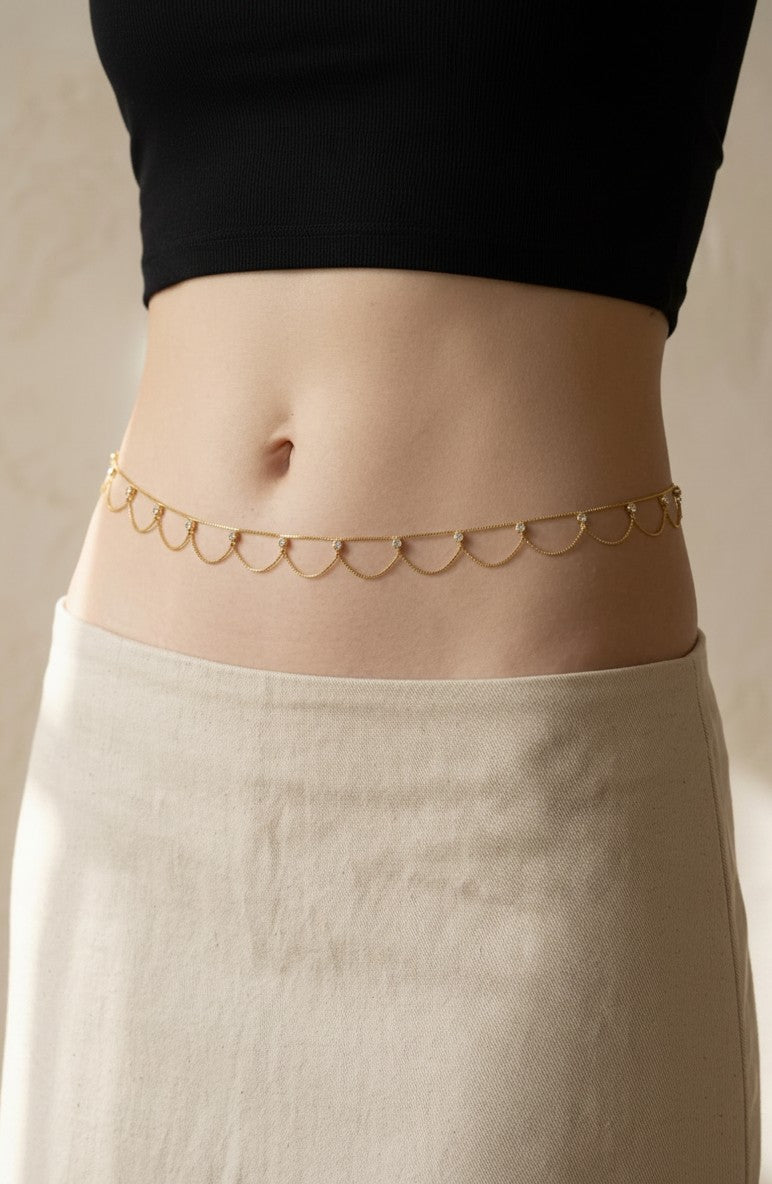 18k Gold Filled Bali Style Belly Chain with CZ Stones | Boho Body Jewelry