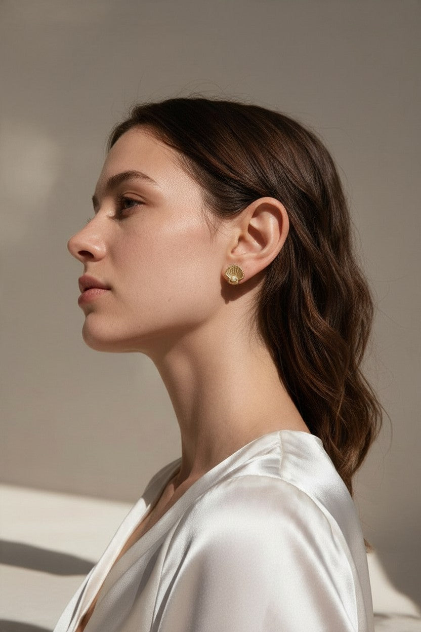 🐚 18k Gold Filled Scalloped Shell &amp; Pearl Stud Earrings — Finely Textured. Pearl Nestled. A Little Bit of Coast at the Lobe.