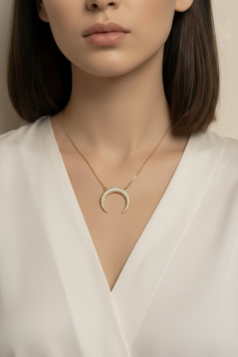 18k Gold Filled Moon CZ Pendant Necklace | Diamond Cut Box Chain