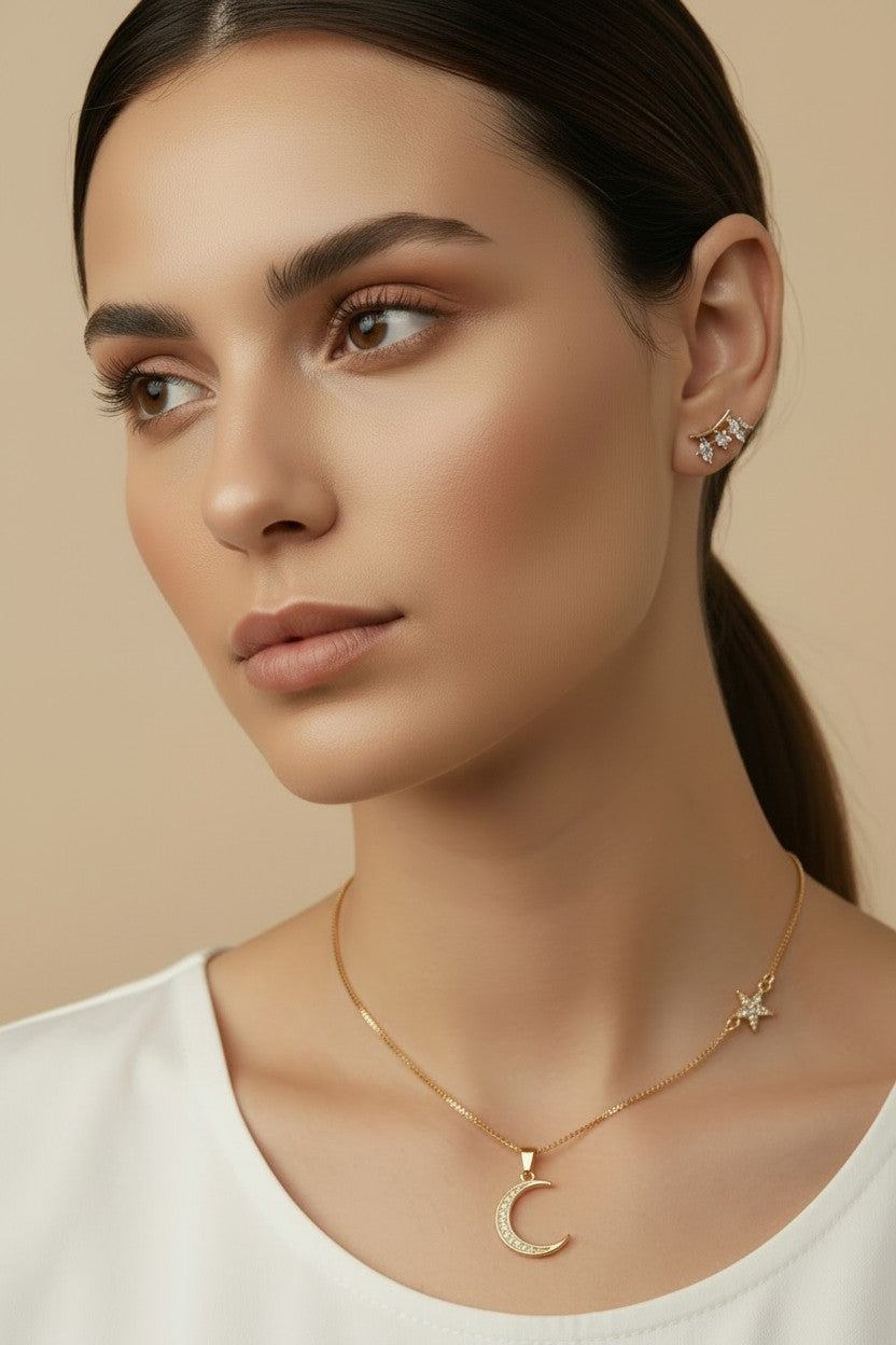 18k Gold Filled Crescent Moon &amp; Star Necklace | Celestial Sparkle