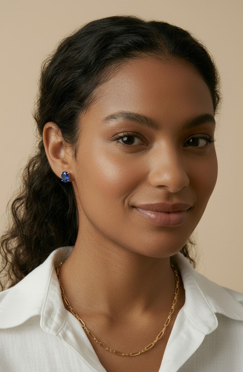18k Gold Filled Oval Sapphire CZ Stud Earrings | Timeless Sparkle