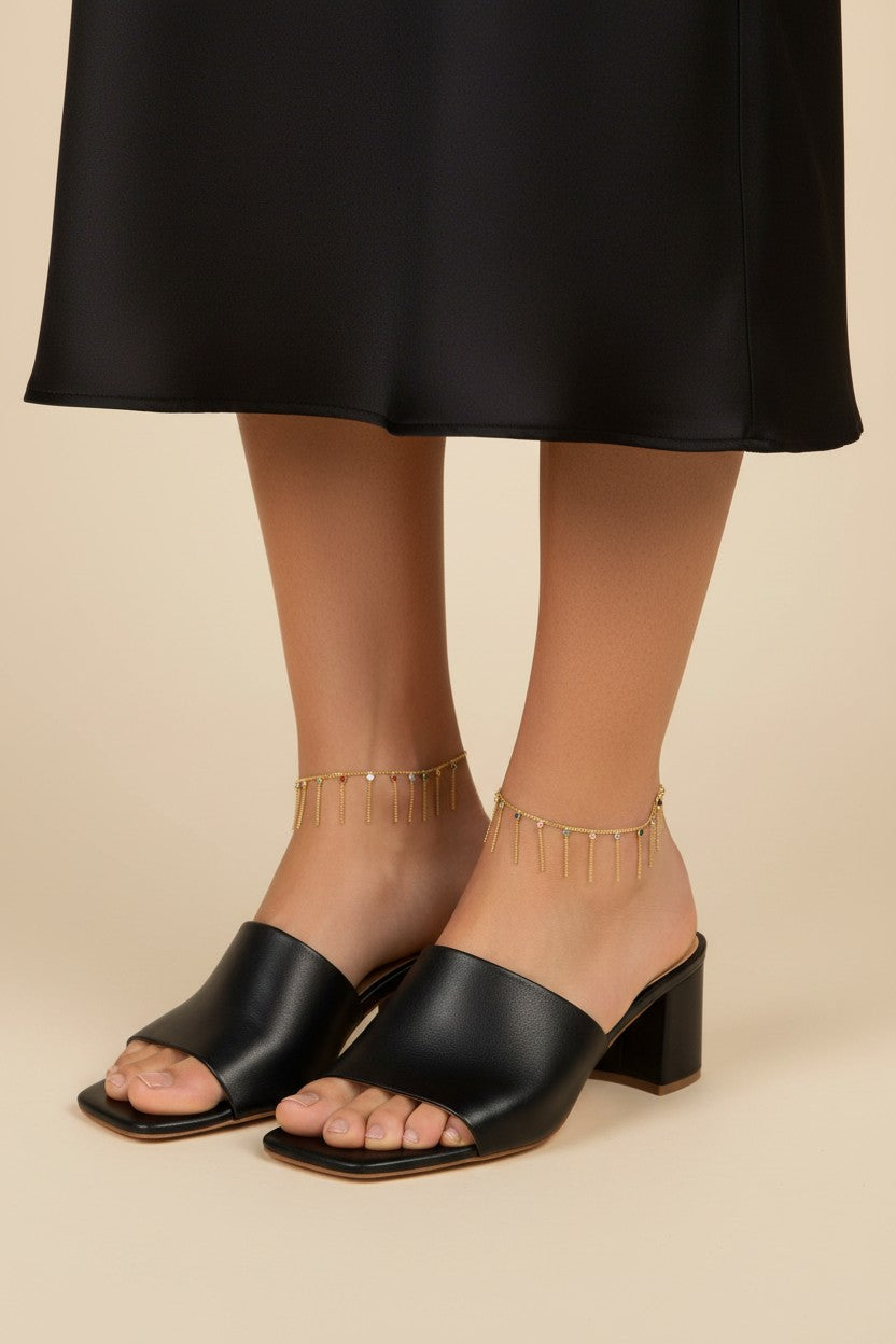 18k Gold Filled Fringed Box Chain Anklet | Colorful Micro Zirconia Detail