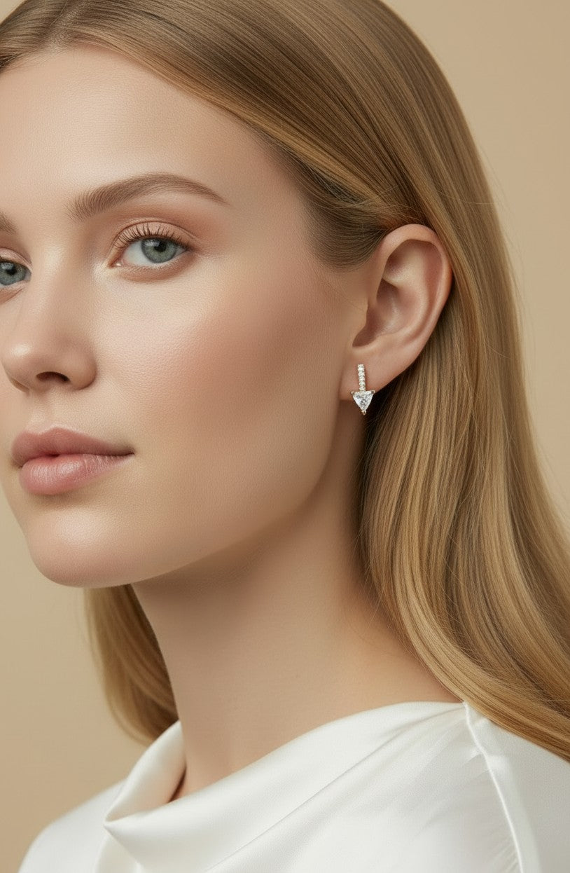 ✨ 18k Gold Filled CZ Bar Triangle Stud Earrings — Three Edges. Three Lines of Sparkle. One Sharp Silhouette.