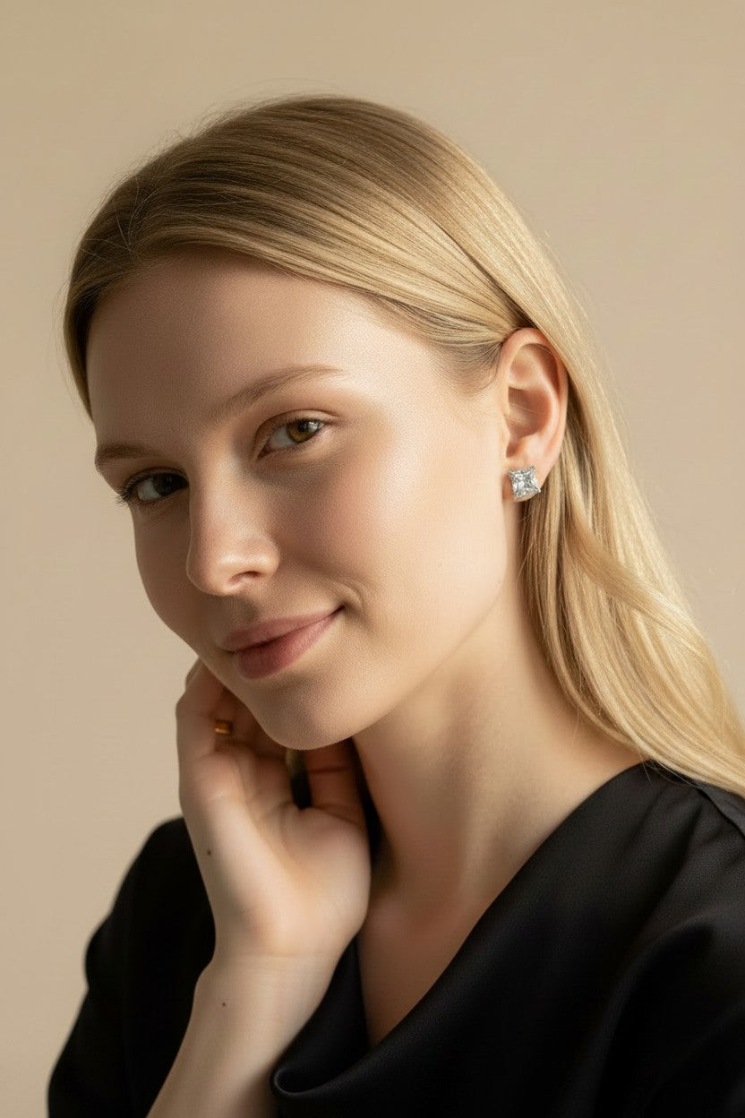 Princess Cut Moissanite Stud Earrings | .925 Sterling Silver, Rhodium Plated