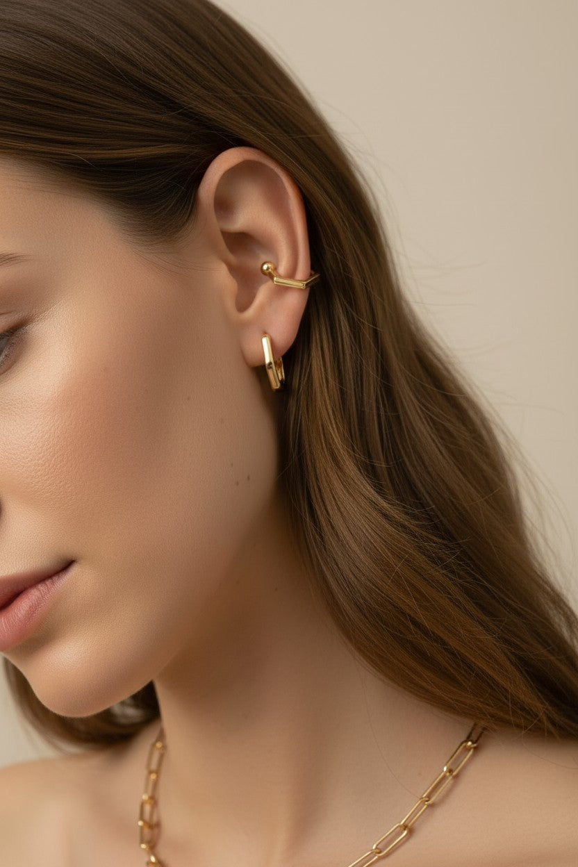 18k Gold Filled Square Ear Cuff | No-Piercing Architectural Edge