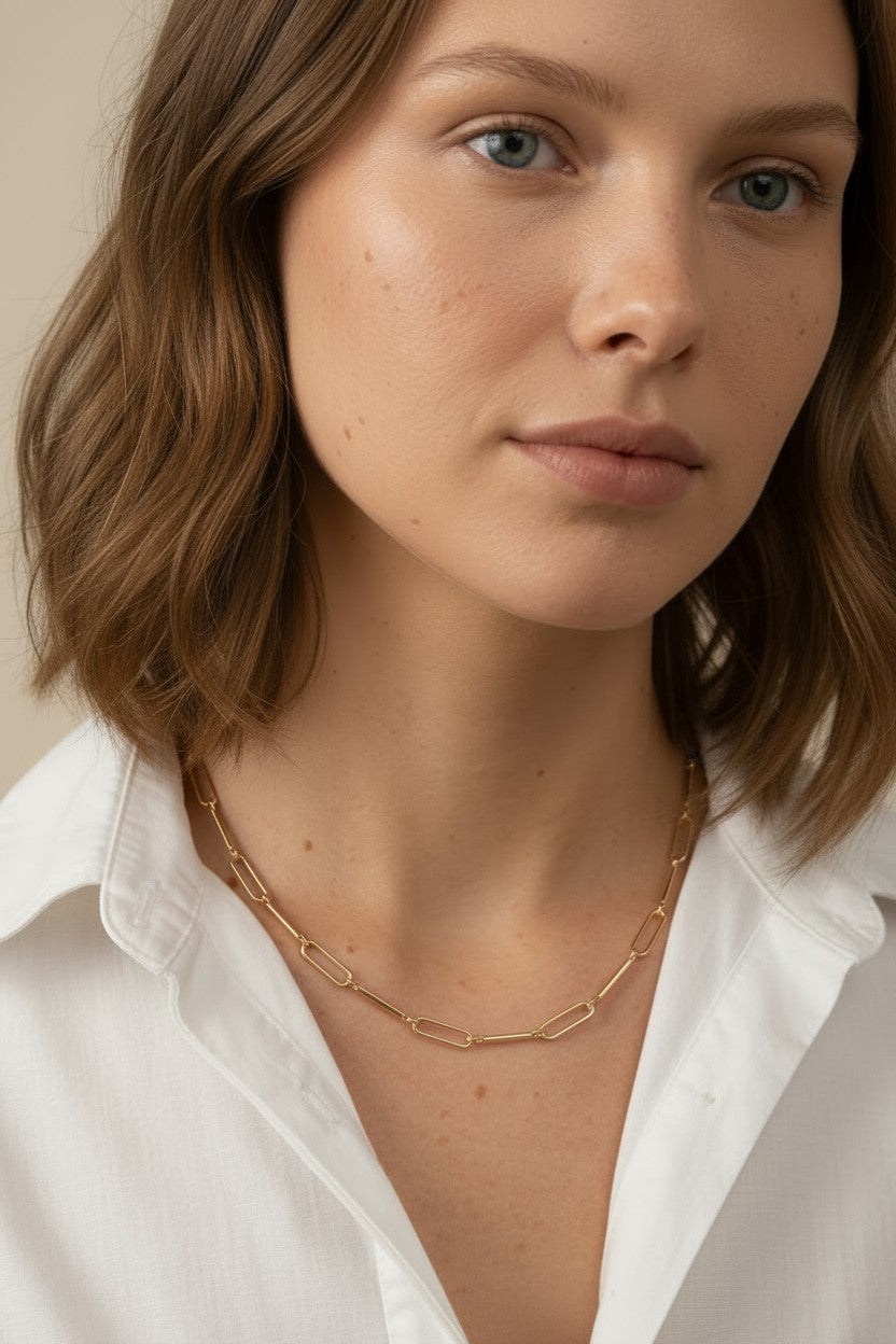 18k Gold Filled Paperclip & Straw Chain Necklace | Contemporary Timeless Style