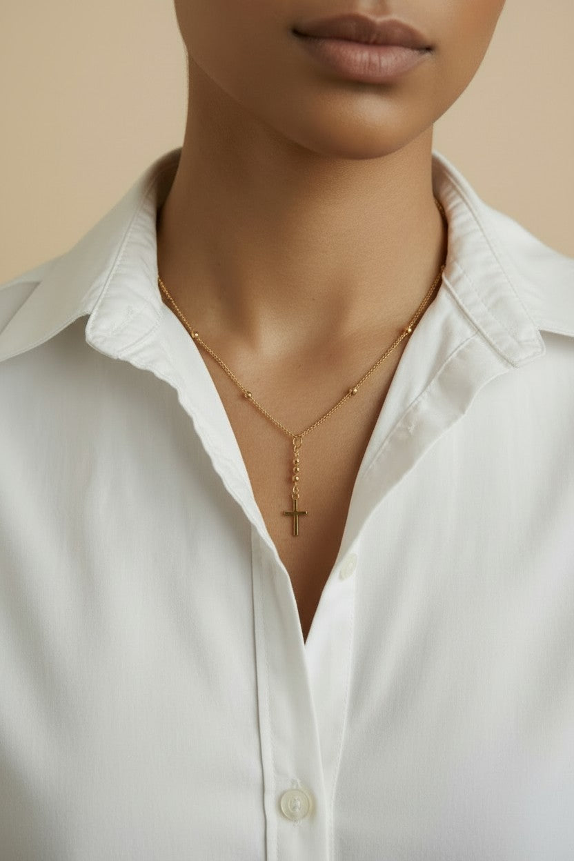 18k Gold Filled Simple Cross Necklace | Beaded Chain, Timeless Faith