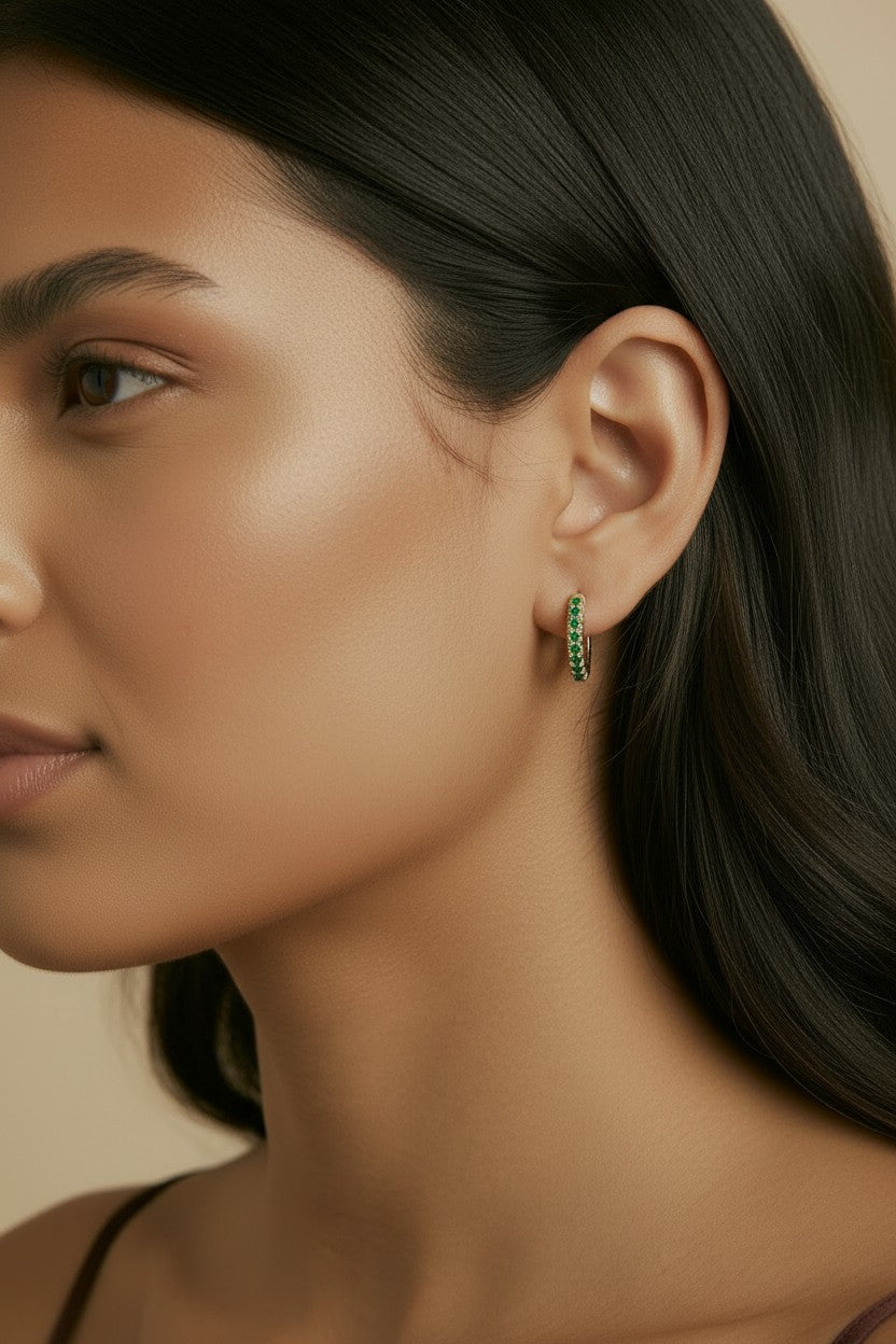 18k Gold Filled Emerald CZ Huggie Earrings | Set of 3