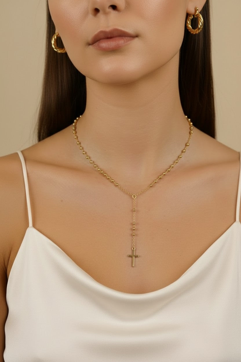 18k Gold Filled Simple Cross Rosary Necklace | Beaded Prayer Chain
