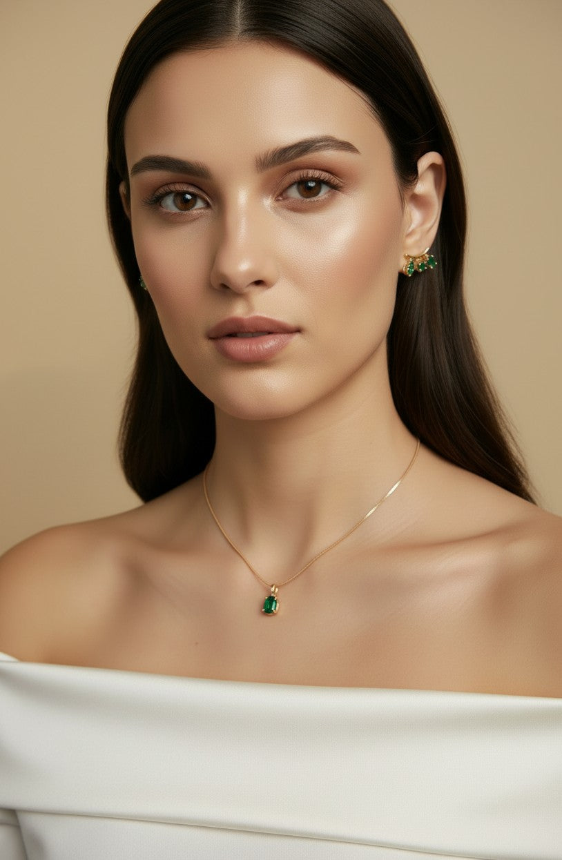 18k Gold Filled Emerald CZ Drop Stud Earrings | Trendy Color, Artful Design