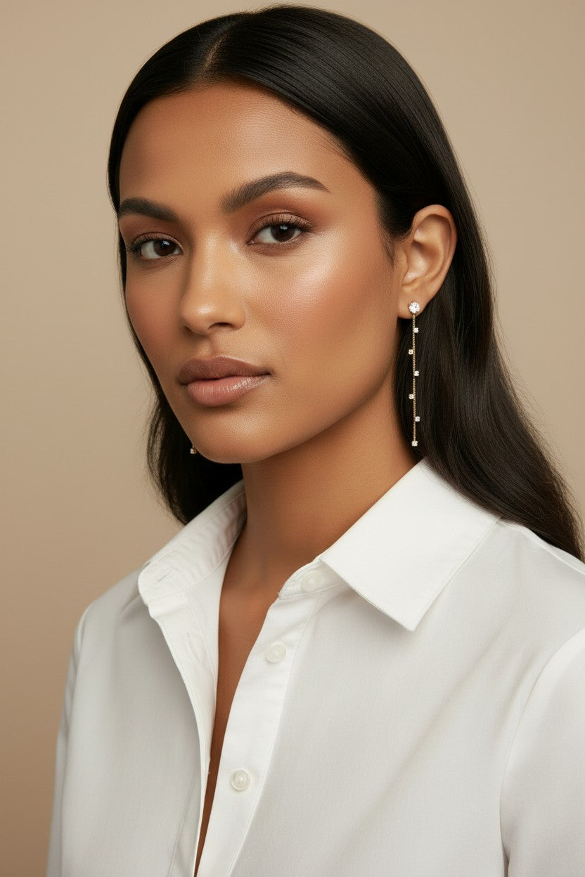 ✨ 18k Gold Filled CZ Stud Chain Drop Earrings — A Brilliant Start. A Celestial Fall.