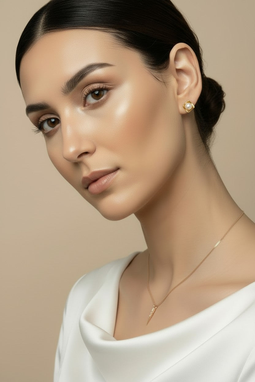 🤍 18k Gold Filled Pearl Square Plate Stud Earrings — One Pearl. One Square. Perfect Together.