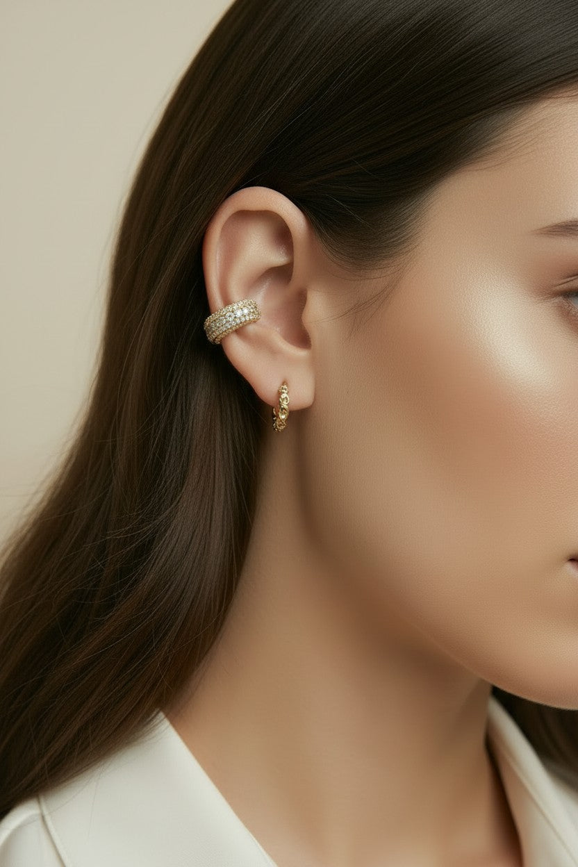 18k Gold Filled Beaded CZ Ear Cuff | Chic & Edgy Sparkle