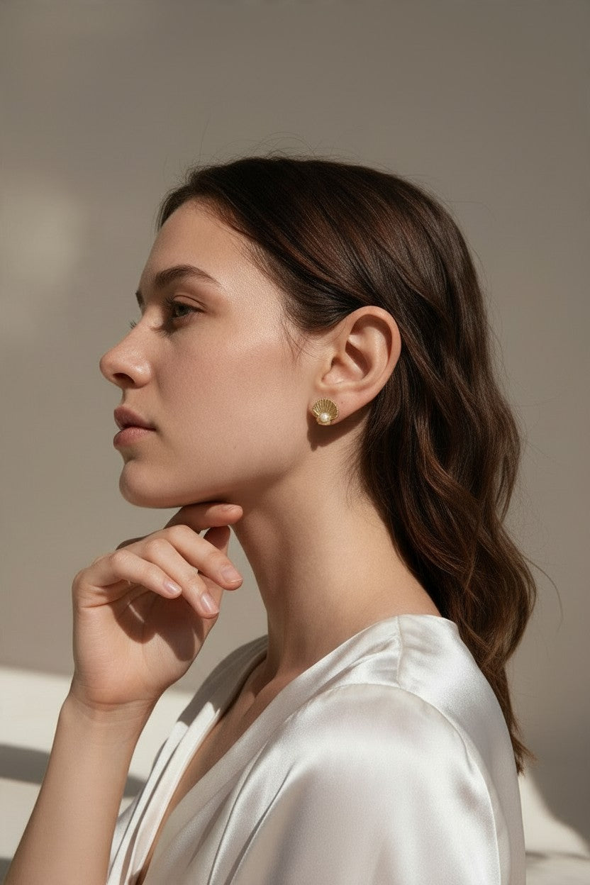 🐚 18k Gold Filled Scalloped Shell &amp; Pearl Stud Earrings — Finely Textured. Pearl Nestled. A Little Bit of Coast at the Lobe.