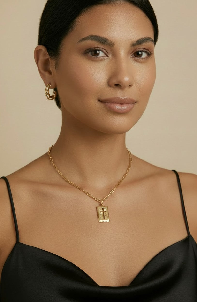 18k Gold Filled Hollow Cross Tag Plate Pendant | Vintage-Style Faith Piece