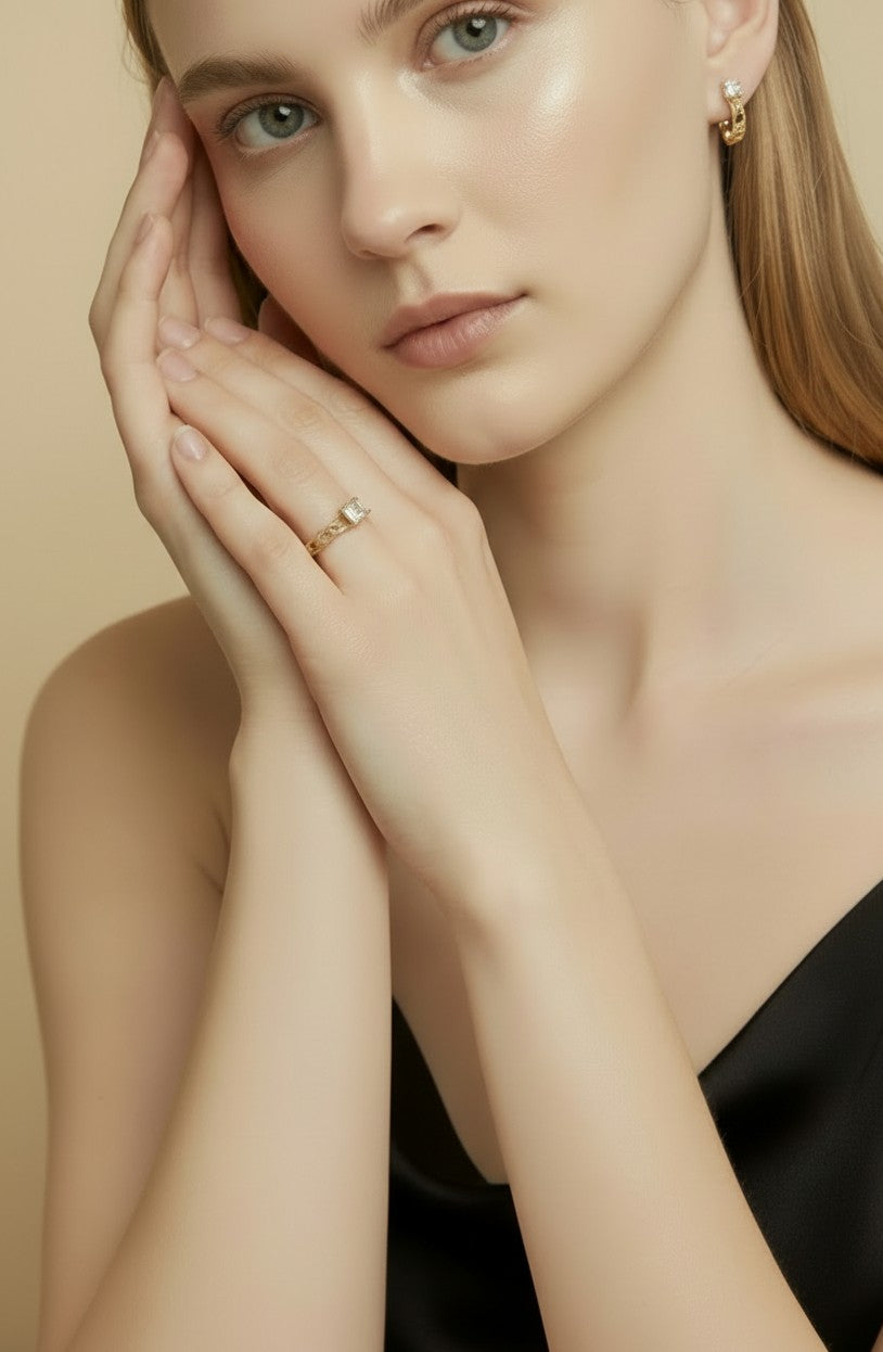 💎 18k Gold Filled Princess Cut CZ Vintage Band Ring — Square Stone. Engraved Band. Old Hollywood at the Finger.