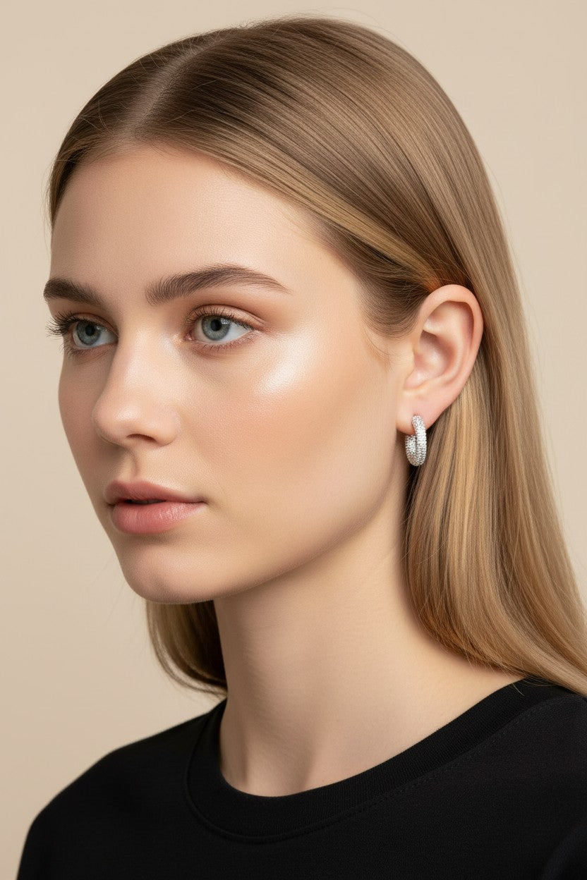 ✨ Iced C-Hoop Earrings — Full Micro CZ Coverage. Three Sizes. Two Metals. One Continuous Sparkle.