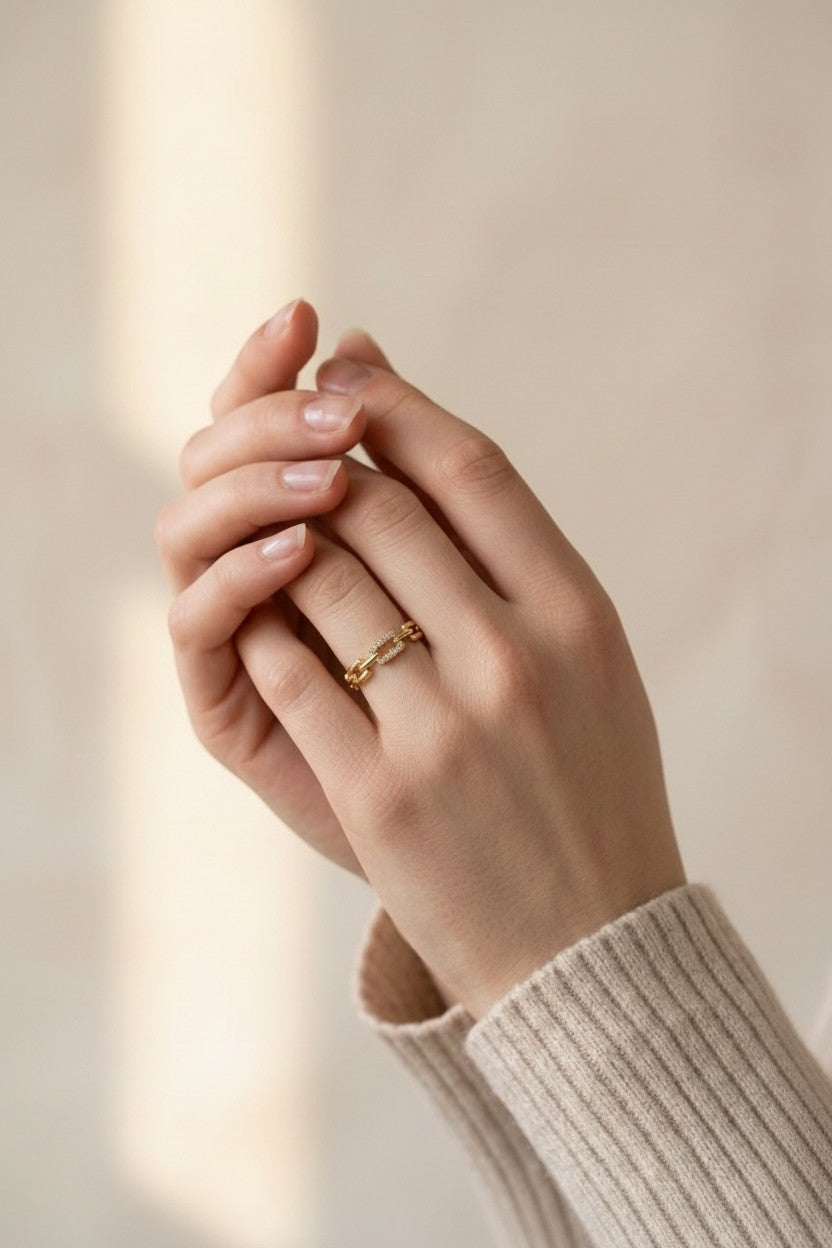18k Gold Filled Chain Link CZ Ring | Daring Glam Statement