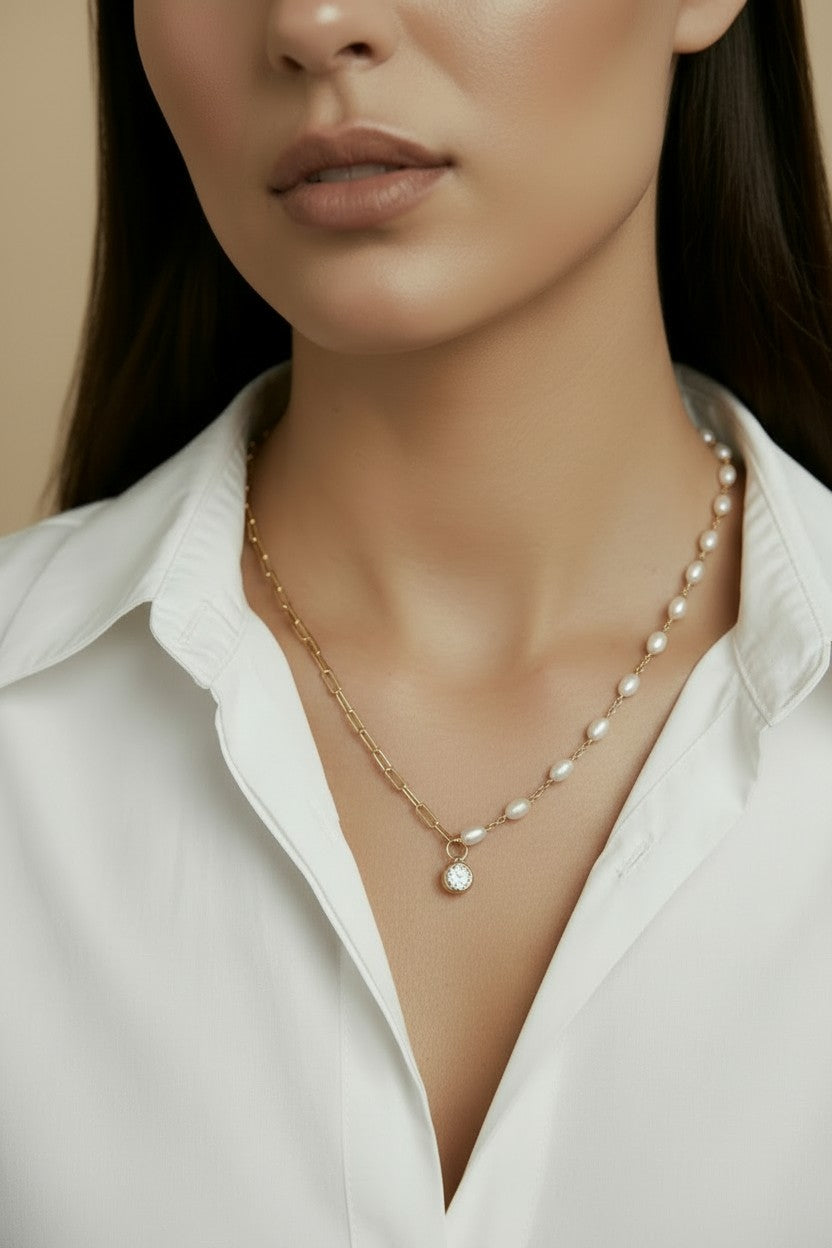 18k Gold Filled Pearl & CZ Mixed Necklace | Unique Layered Sparkle