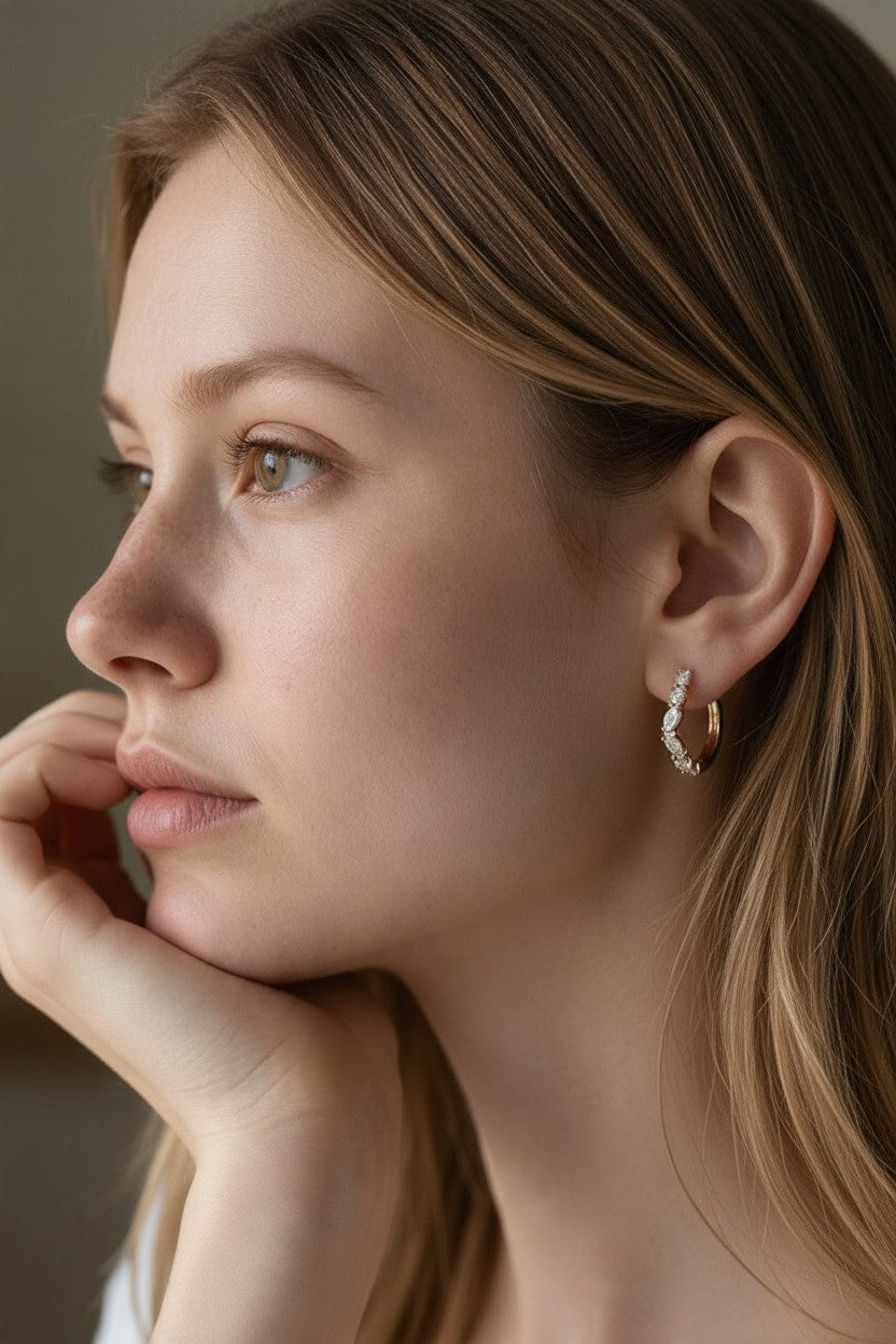 ✨ 18k Gold Filled Round &amp; Marquise CZ Cluster C-Hoop Earrings — Two Cuts. One Arc. Effortless Everyday Sparkle.
