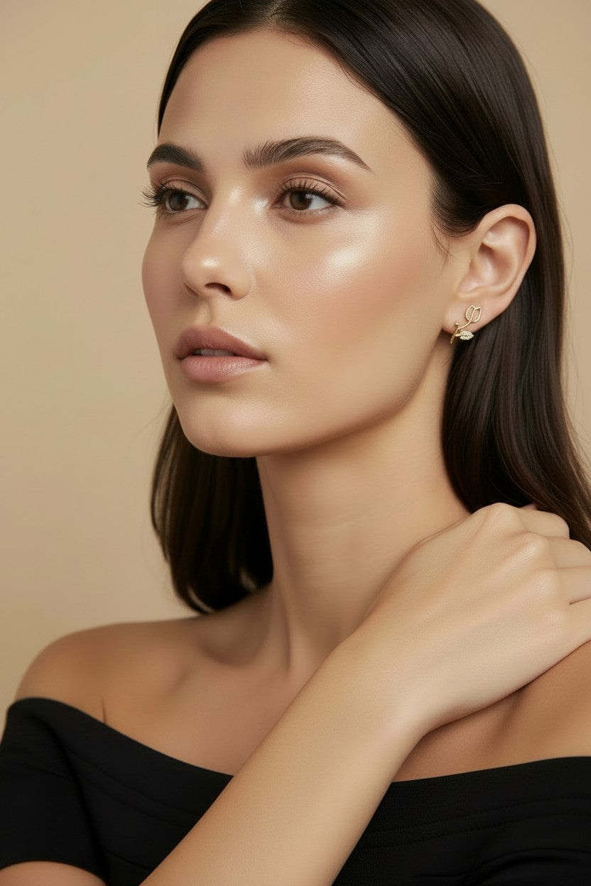 18k Gold Filled Tulip Stud Earrings With Cubic Zirconia Stones
