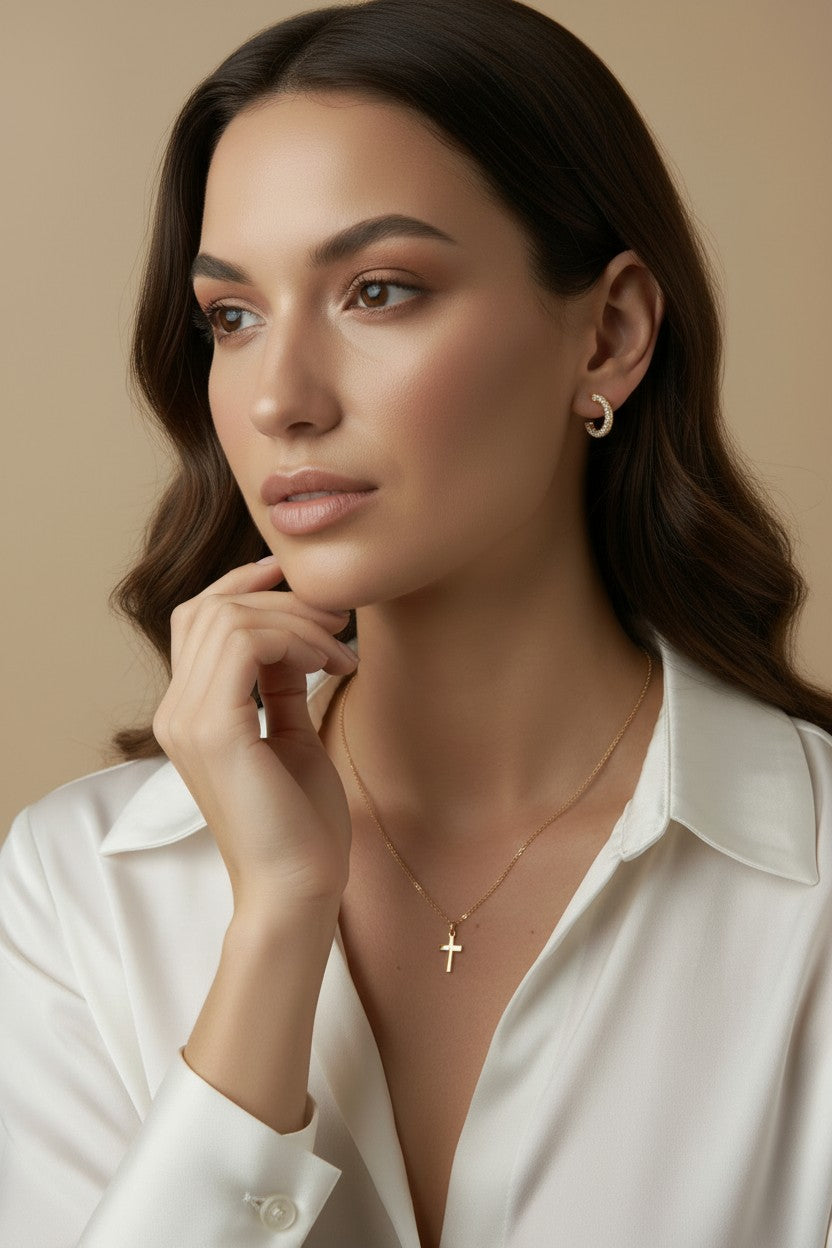 18k Gold Filled Half Round CZ Stud Earrings | Understated Sophistication
