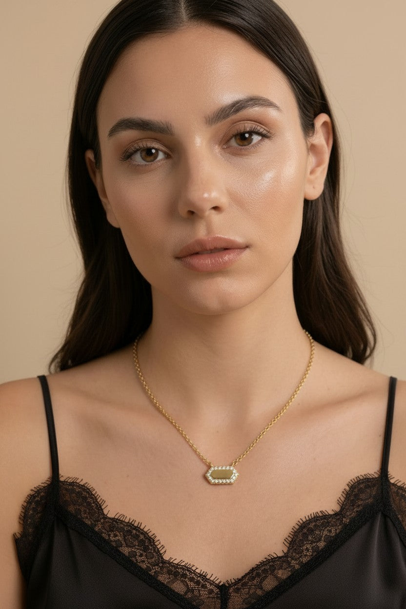 18k Gold Filled Pointed Rectangle Plate CZ Necklace | Modern Geometric Elegance