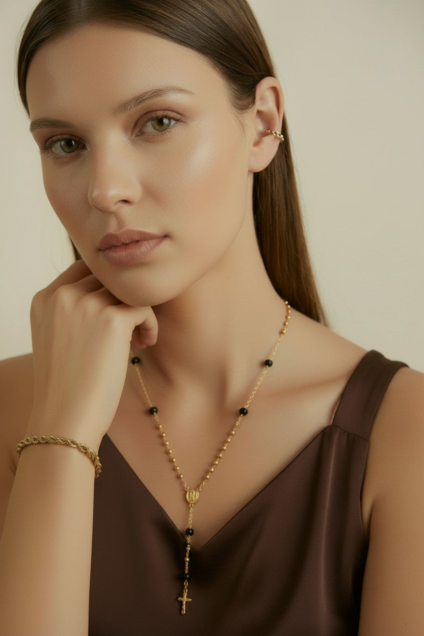18k Gold Filled Black & Gold Bead Rosary Necklace | Our Lady of Grace