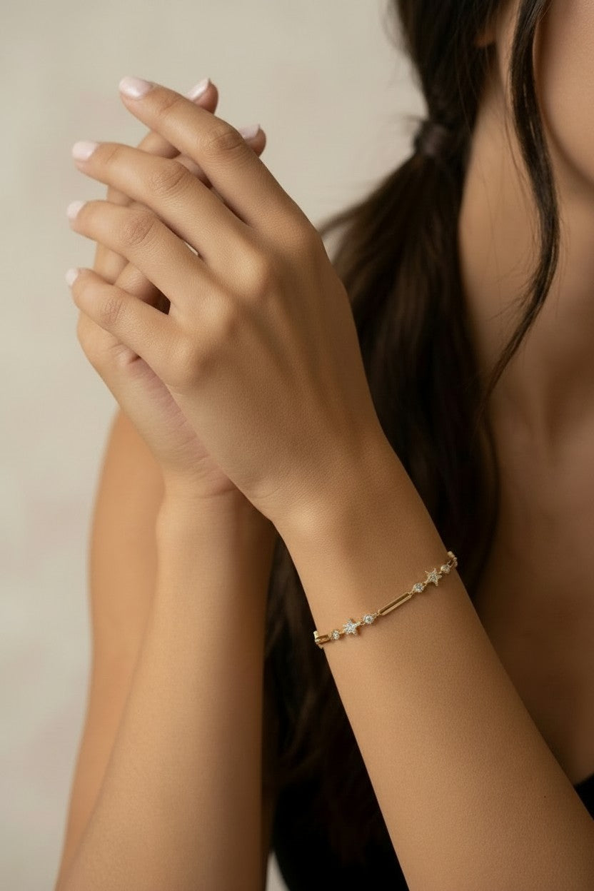 18k Gold Filled Paperclip & Stars CZ Bracelet | Celestial Elegance