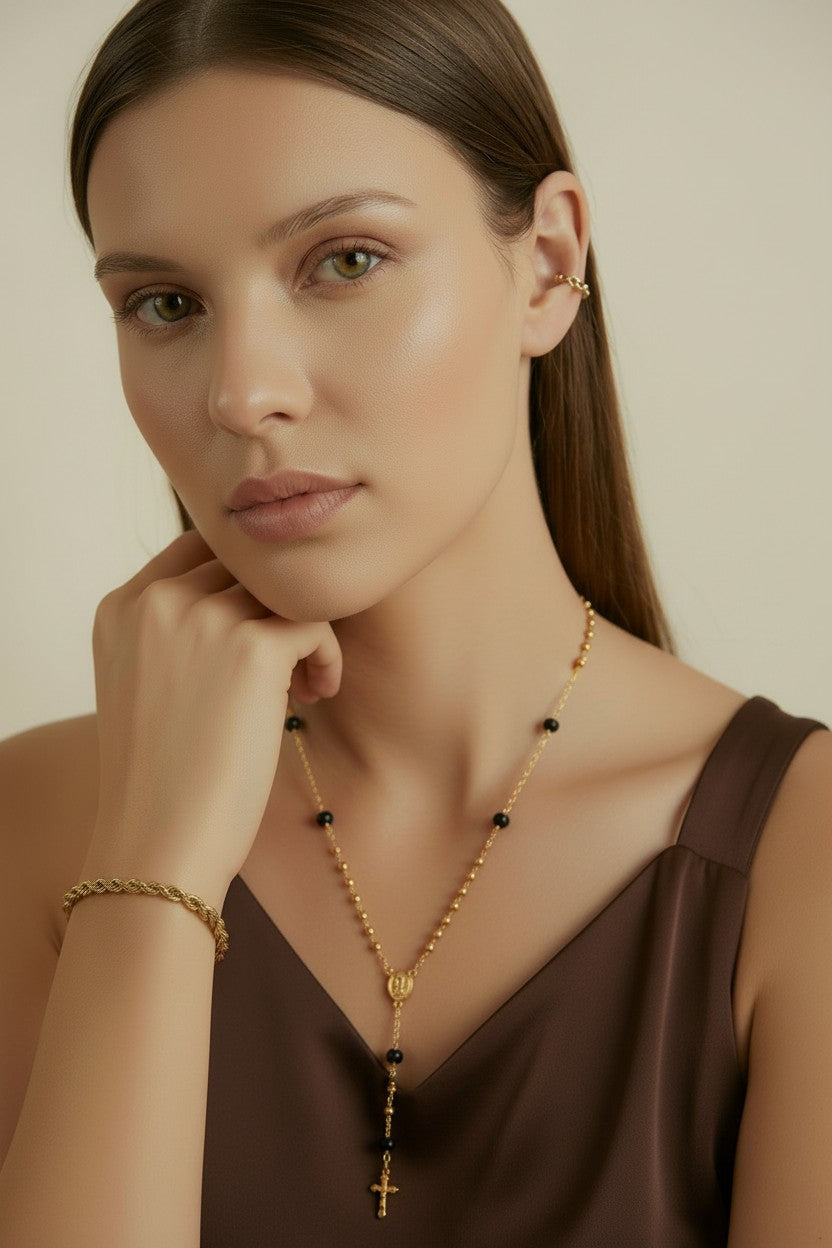 18k Gold Filled Black & Gold Bead Rosary Necklace | Our Lady of Grace