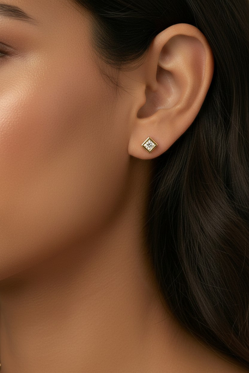 18k Gold Filled Square CZ Stud Earrings | Modern Geometric Style