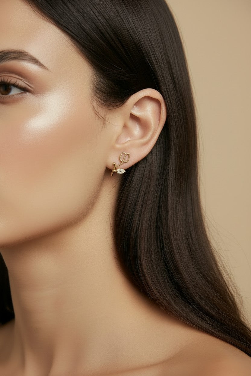 18k Gold Filled Tulip Stud Earrings With Cubic Zirconia Stones