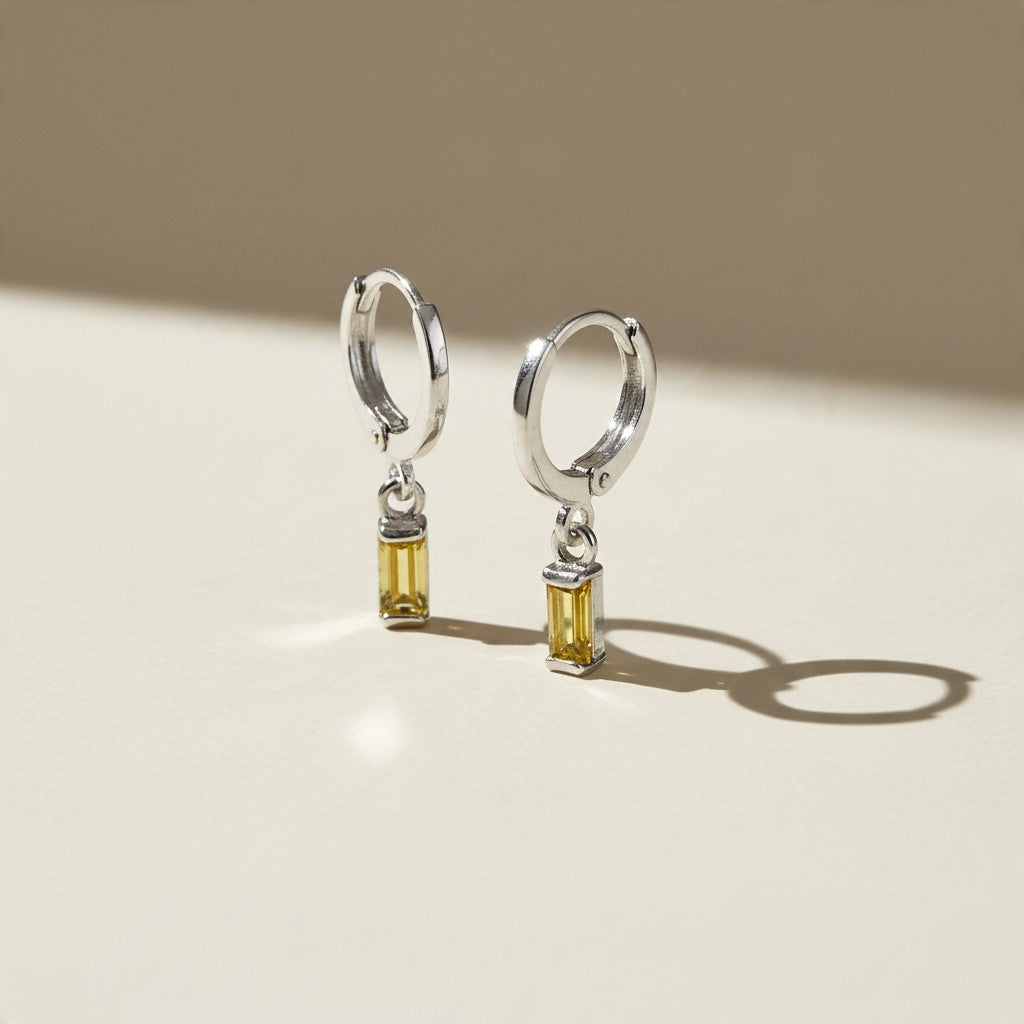 🌈 .925 Silver Filled Birthstone Baguette Huggie Hoop Earrings — Your Month. Your Color. A Daily Charm.