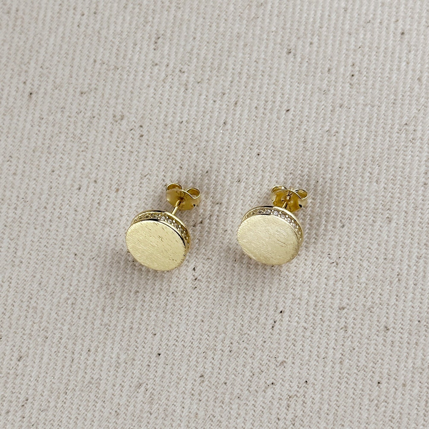 18k Gold Filled Brushed Button Stud Earrings With CZ Detail