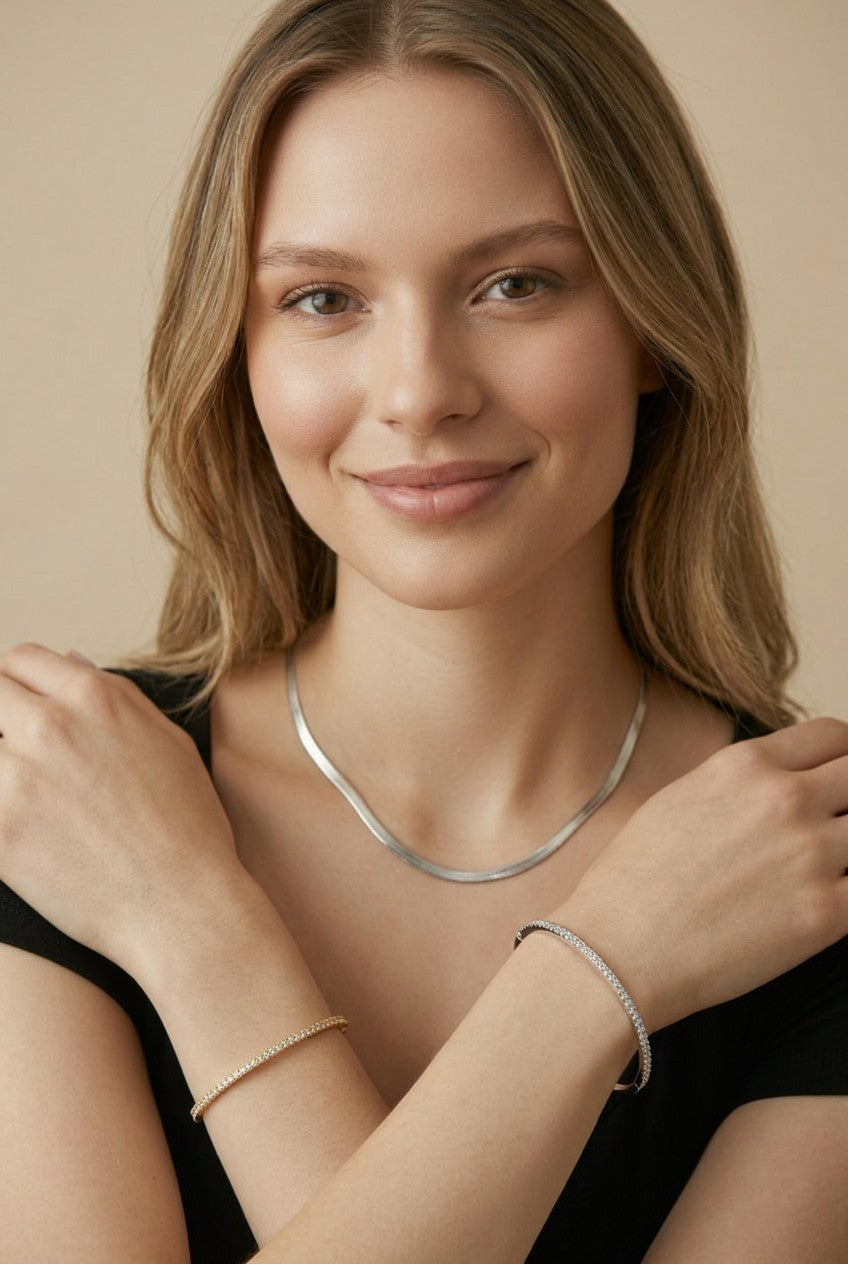 18k Gold Filled Thin Line CZ Bangle Bracelet | Secure Lock, Subtle Sparkle