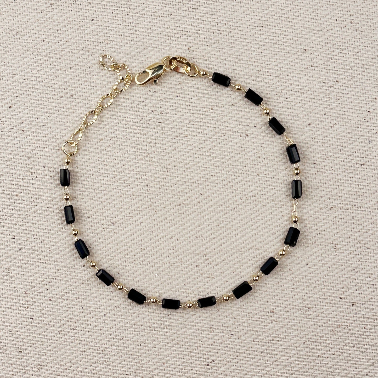 18k Gold Filled 2 mm Black Baguette & Beads Bracelet