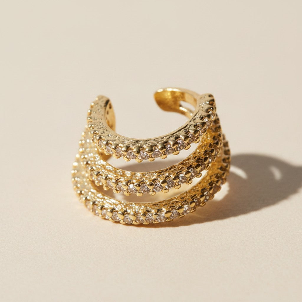 ✨ 18k Gold Filled Triple Row CZ Ear Cuff — Three Lines of Sparkle. One Bold Statement. No Piercing.