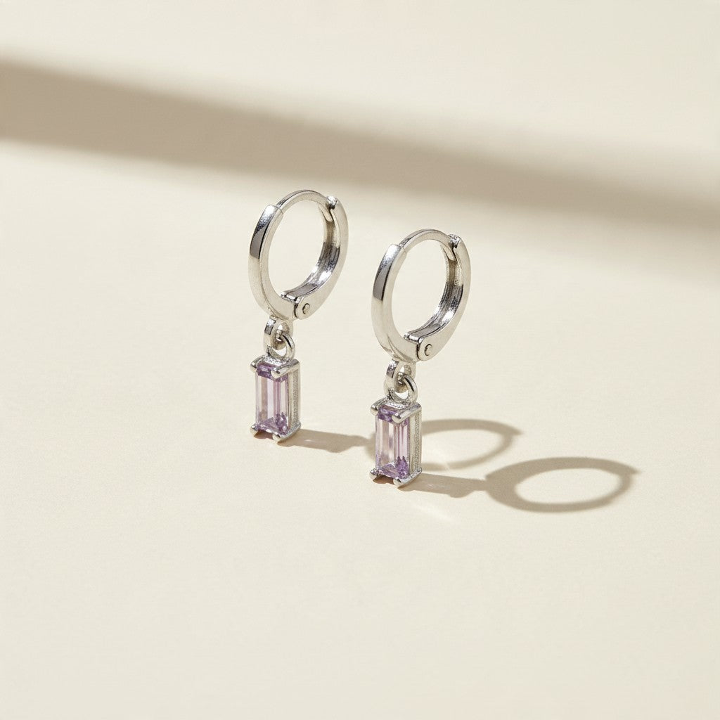 🌈 .925 Silver Filled Birthstone Baguette Huggie Hoop Earrings — Your Month. Your Color. A Daily Charm.